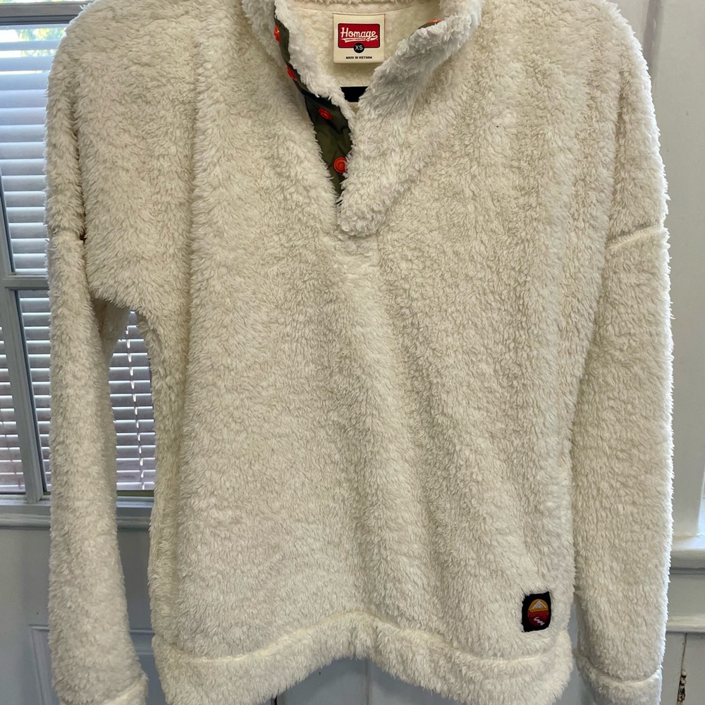 HOMAGE Women’s White Fleece/Polyester Quarter Button Sweater
